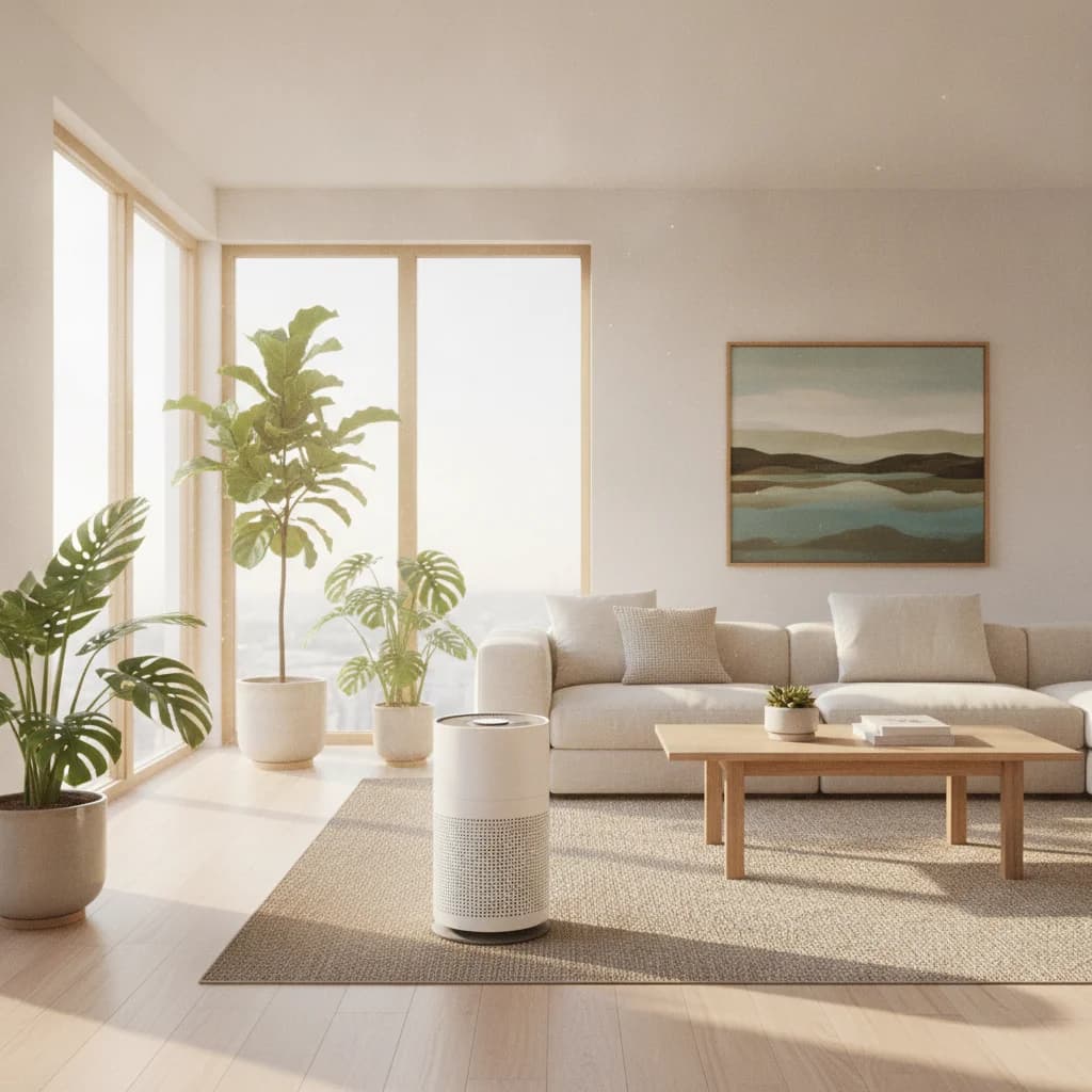 Salon clair avec un purificateur d'air, des plantes et un canapé